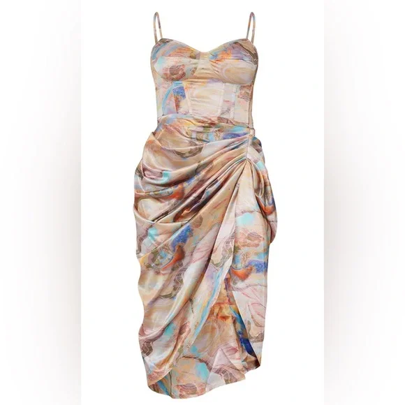 PLT Multi Marble Satin Ruched Skirt Corset Midi Dress Size 12 - Picture 2 of 8